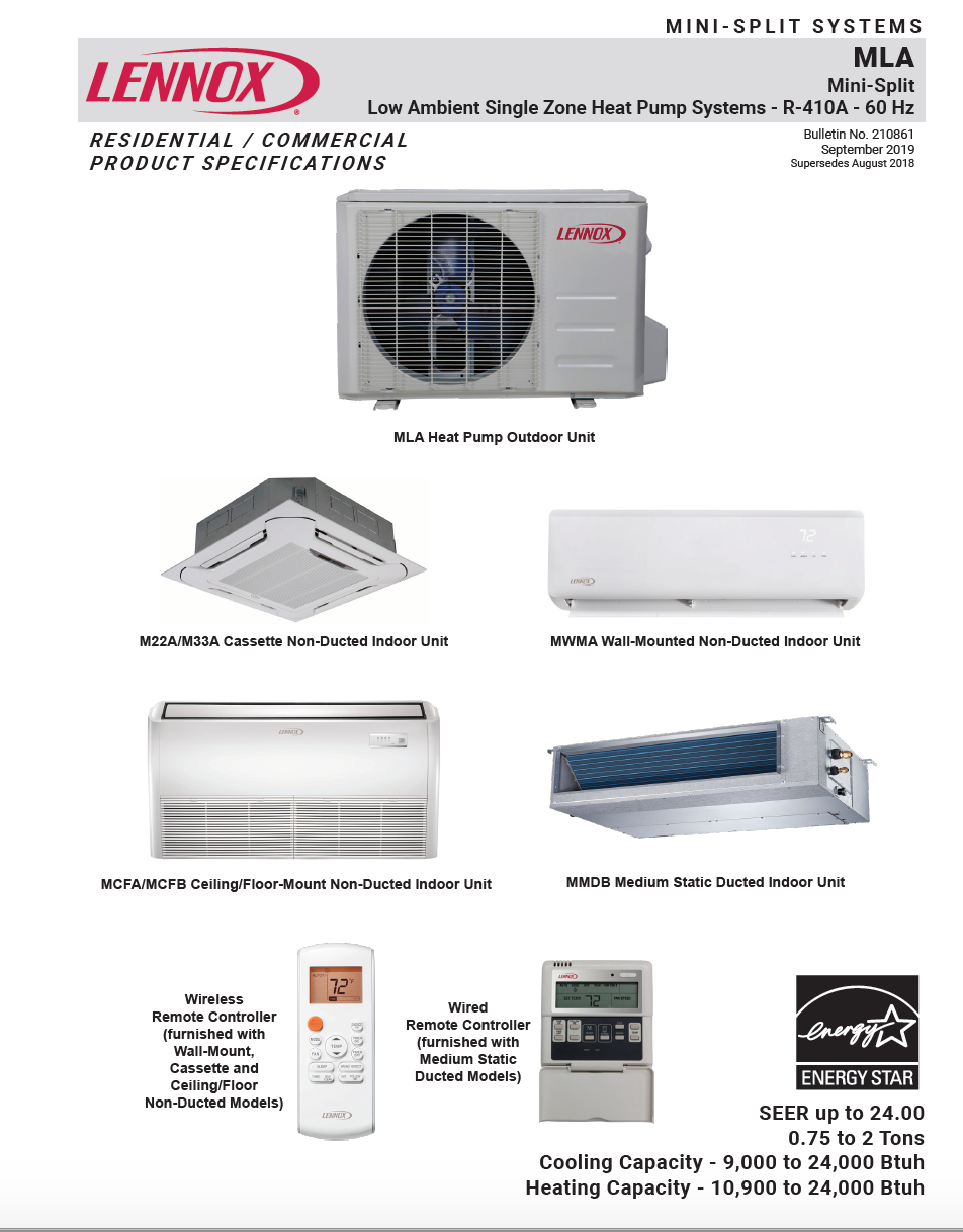 MLA Mini-Split Low Ambient Single Zone Heat Pump Systems - R-410A - 60 Hz