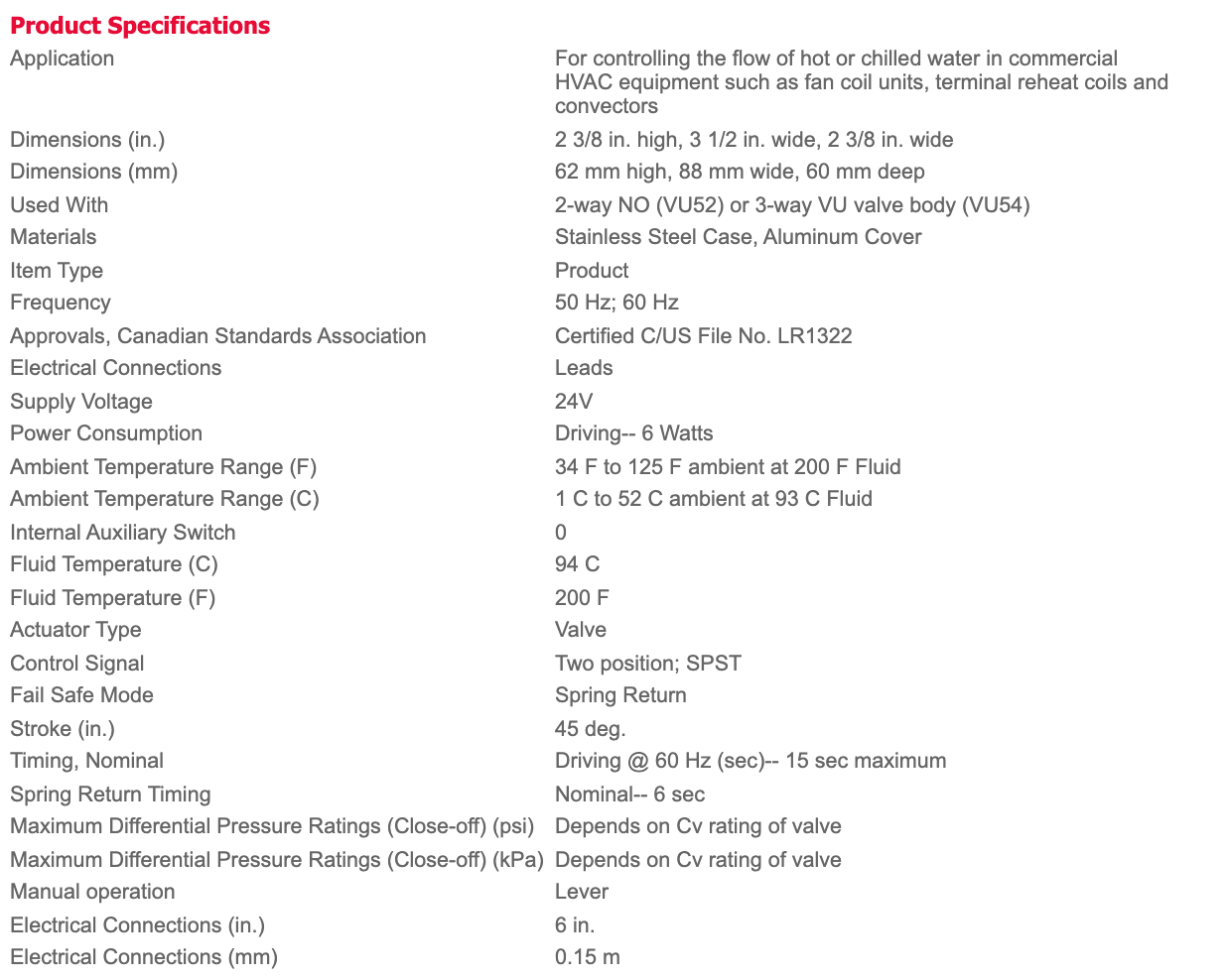 Honeywell VU844A1003 Fan Coil Actuator Specifications